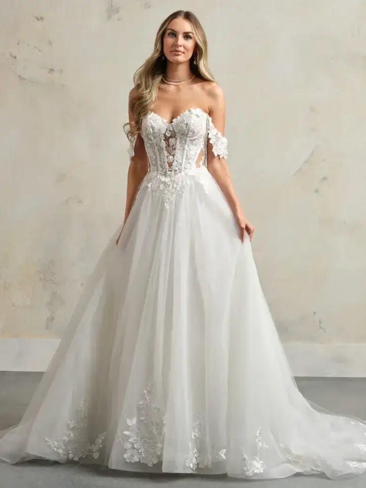 model is wearing an off the shoulder a-line wedding dress