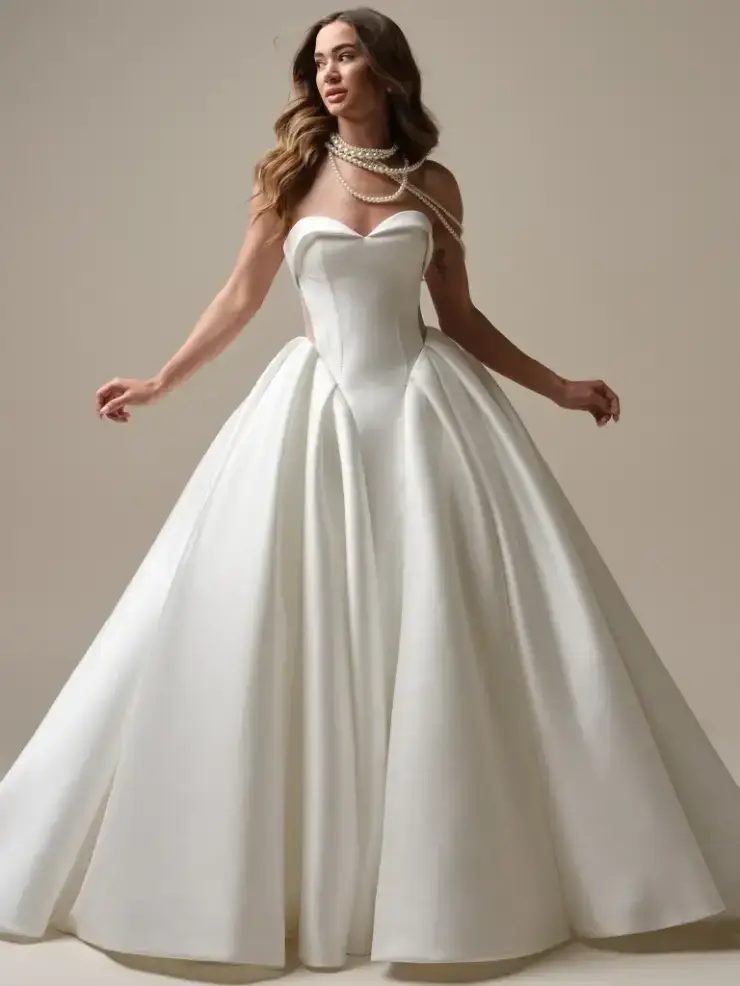 model is wearing a strapless ball gown basque waist wedding dress
