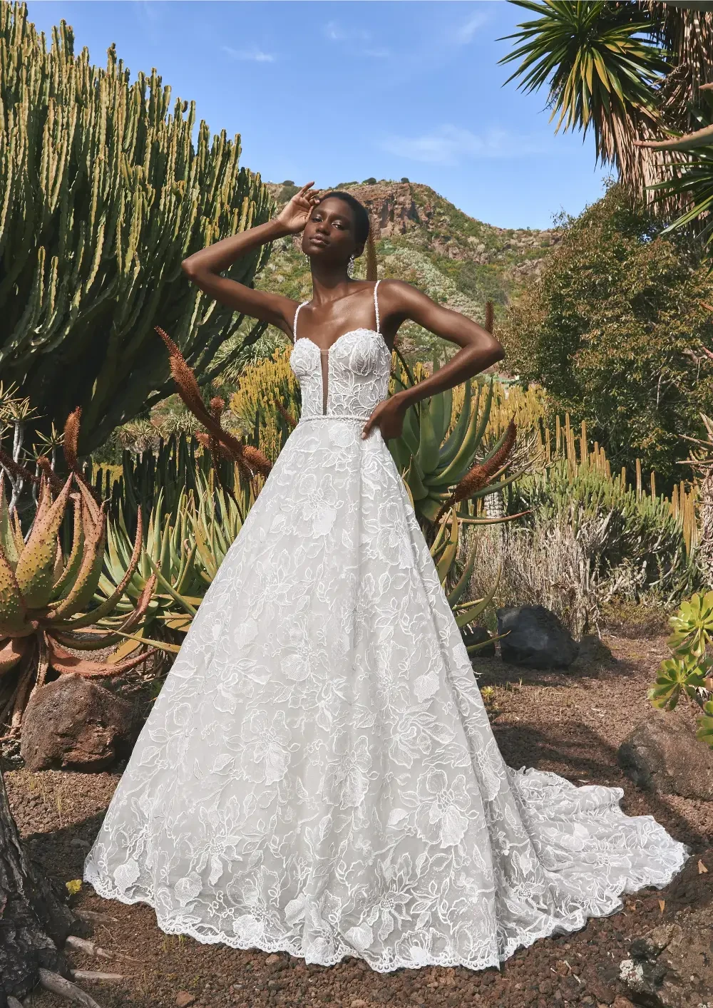 model is wearing a strapless bridal gown