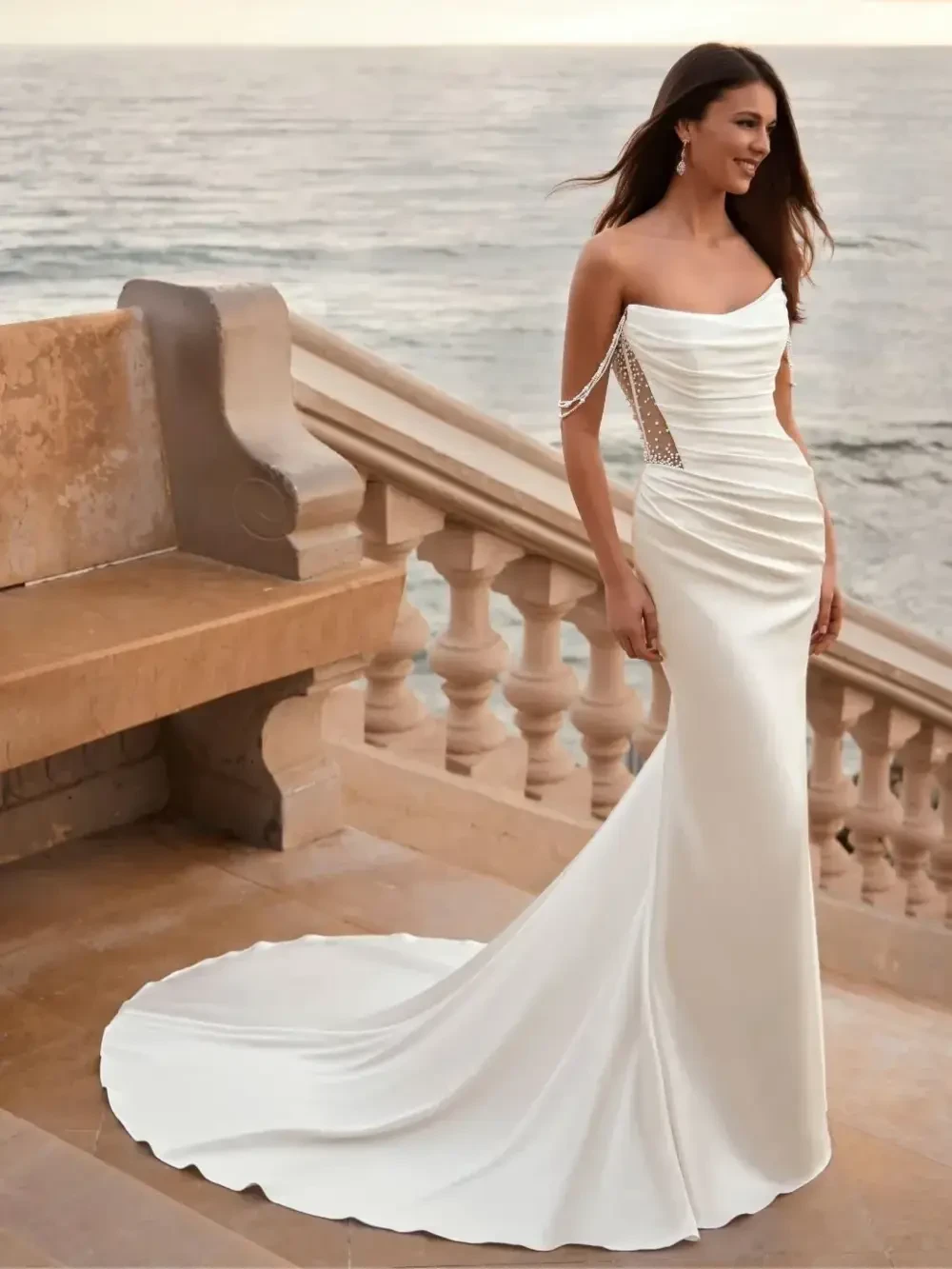 model is wearing a strapless fit and flare wedding dress