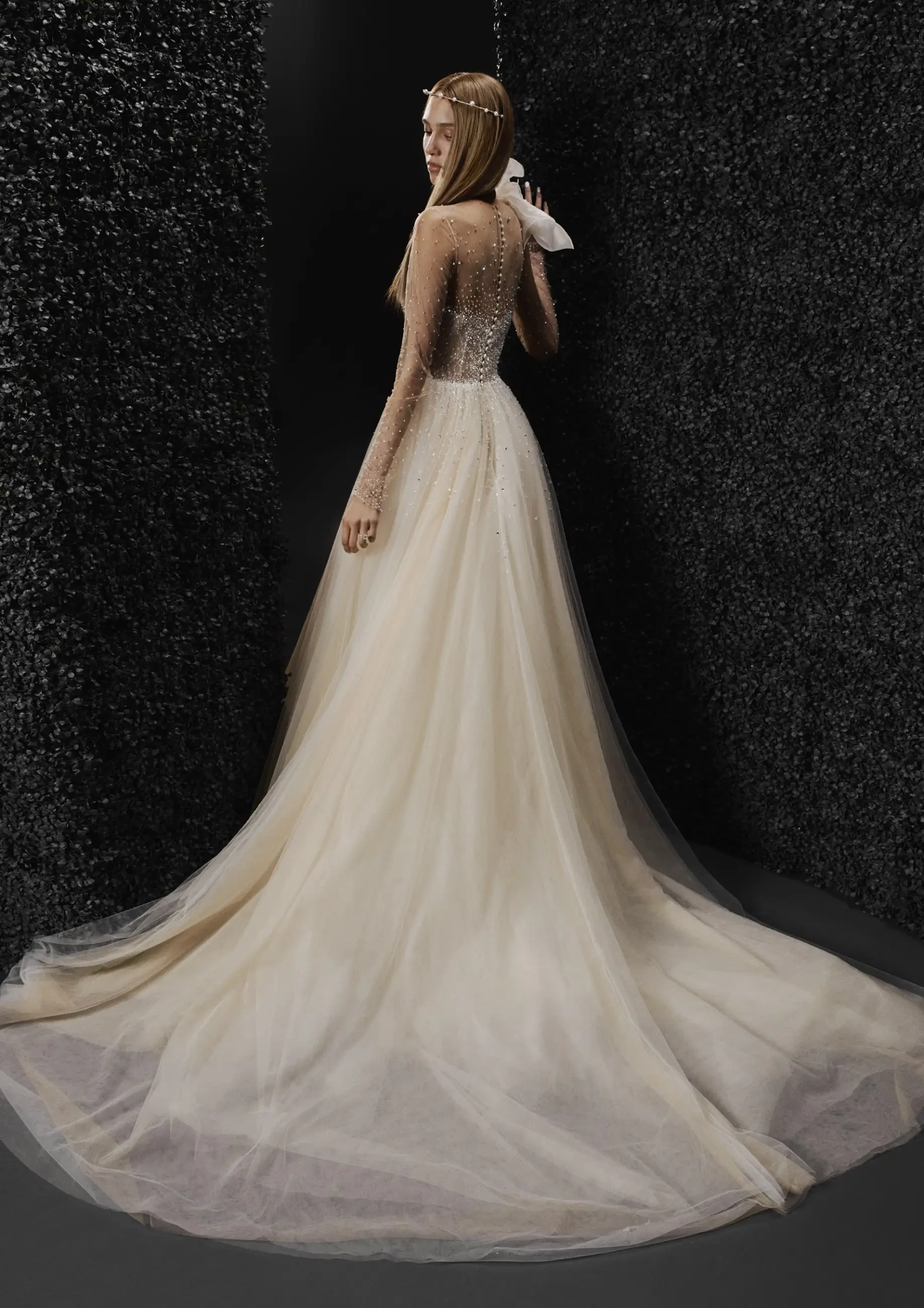 model is wearing a tulle a-line wedding dress by vera wang
