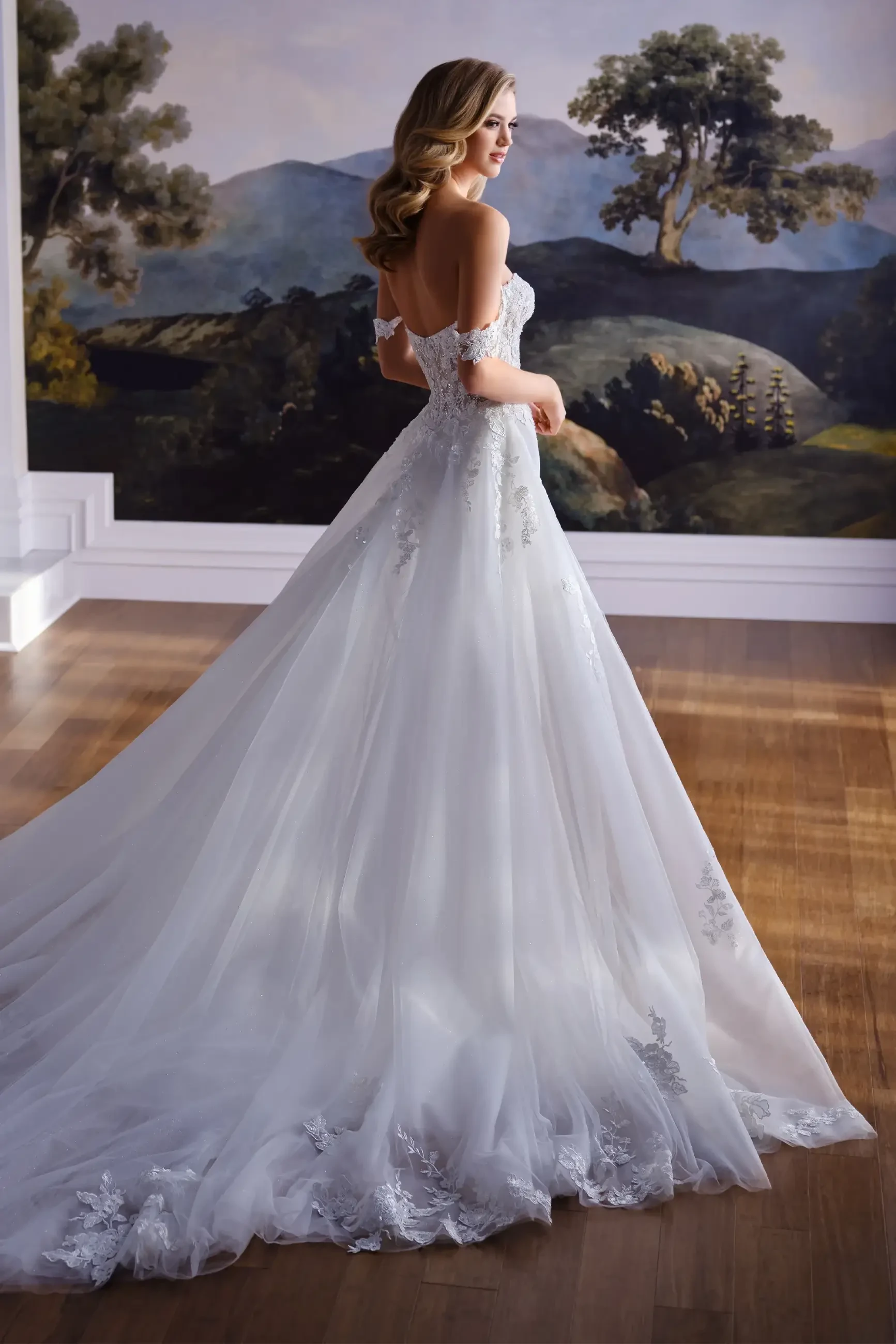 A woman stands elegantly in a lace off-shoulder wedding gown with a long train. She gazes over her shoulder in front of a scenic nature mural.